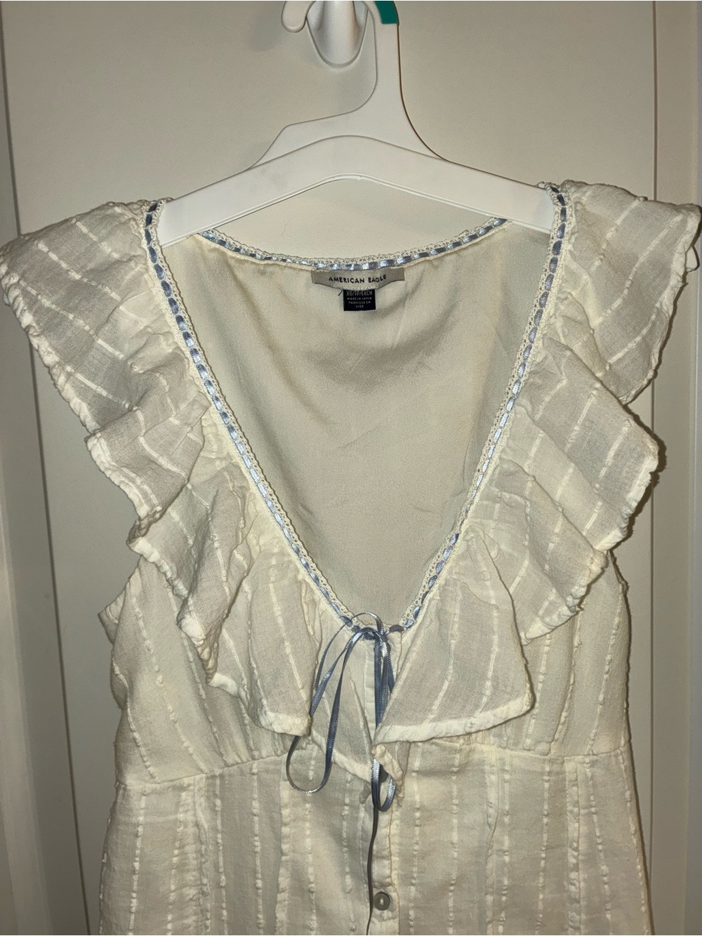 American Eagle Outfitters Cream Ruffle Mini Dress with Light Blue Trim